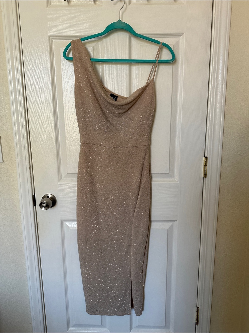 Windsor One-Shoulder Shimmer Midi Dress in Champagne Taupe